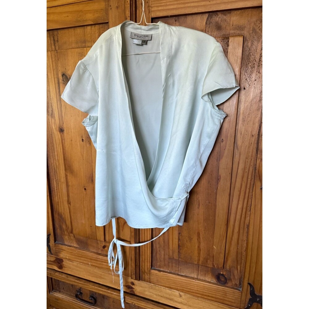 Bill Burnes 100% Silk Light Blue Cap Sleeve Vintage Wrap Blouse Size 14